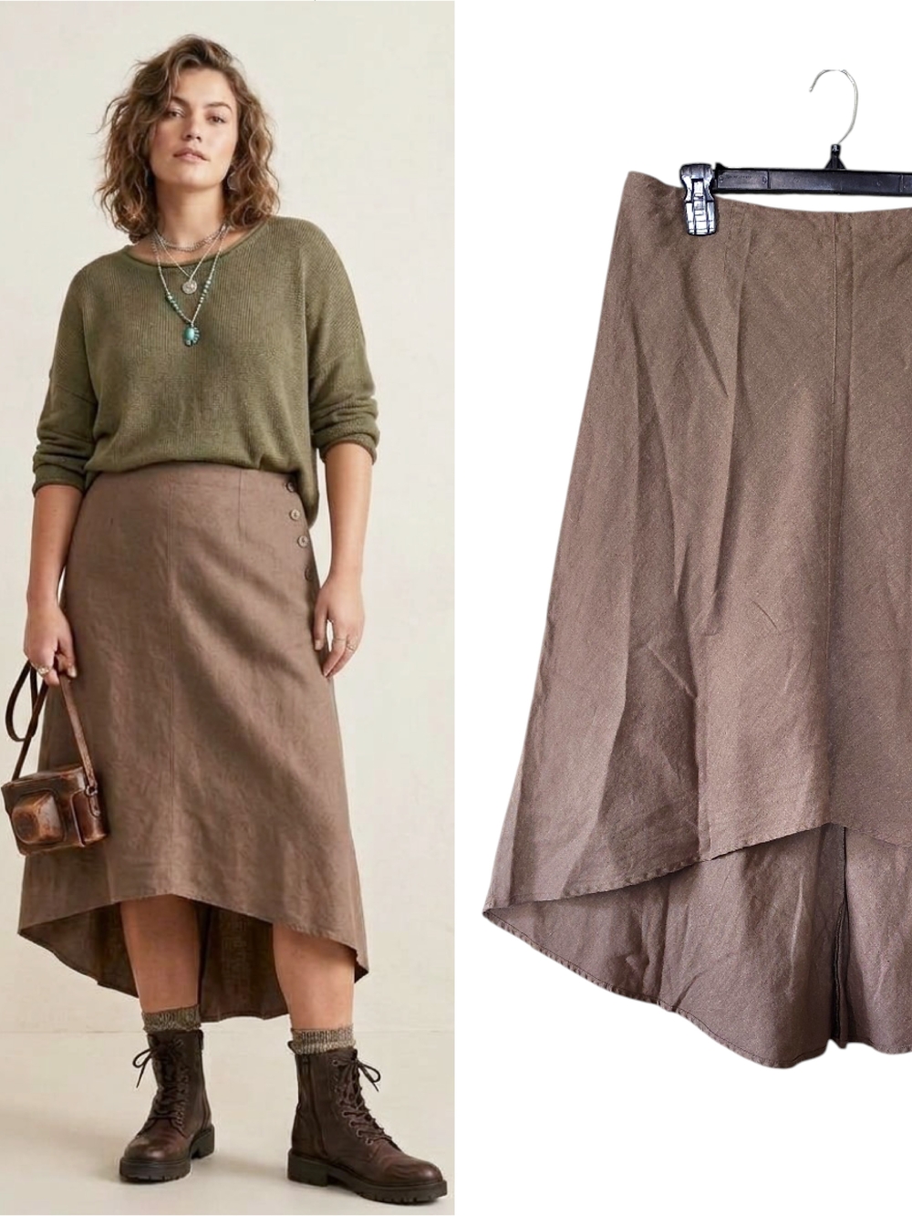 VTG 90s Brown Linen High Low Bohemian Midi Skirt Large Grunge Festival